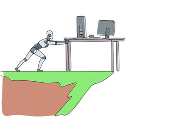 Poster - Continuous one line drawing robot pushes down a table containing a laptop and monitor from the edge of cliff. Robotic artificial intelligence. Future tech. Single line draw design vector illustration