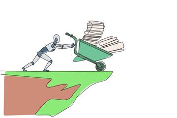 Poster - single continuous line drawing robot pushes a wheelbarrow filled with piles of paper and binders dow