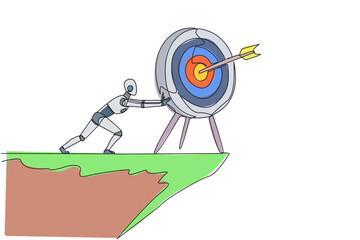 Poster - Single one line drawing robot pushes the large arrow board target from the edge of cliff. Aimless. No focus. Robotic artificial intelligence. Future tech. Continuous line design graphic illustration