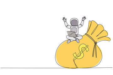 Poster - continuous one line drawing young astronaut sitting on giant money bag holding laptop raise both han