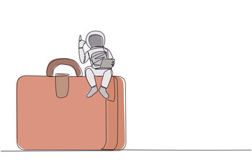 Poster - Single continuous line drawing young energetic astronaut sitting on giant briefcase holding laptop raise one hand. The first expedition to the surface of Mars. One line design vector illustration
