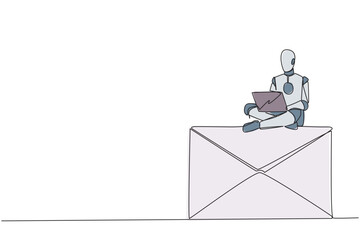 Poster - Single continuous line drawing robotic artificial intelligence sitting on giant email icon typing laptop. Email message replying robots. Future tehnology concept. One line design vector illustration