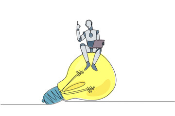 Poster - Single one line drawing robotic artificial intelligence sitting on giant lightbulb holding laptop raise one hand. Future technology development concept. Continuous line design graphic illustration