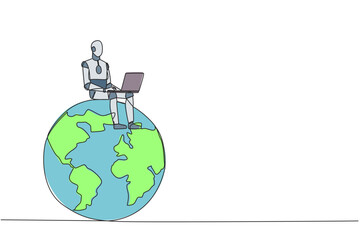 Poster - Continuous one line drawing robotic artificial intelligence sitting on giant globe typing laptop. Electronic technology industry development. Future tech. Single line draw design vector illustration