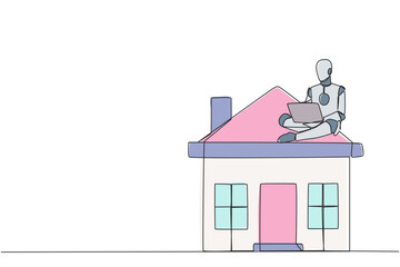 Poster - single continuous line drawing robotic artificial intelligence sitting on miniature house typing lap