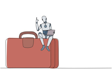 Poster - Continuous one line drawing robotic artificial intelligence sitting on giant briefcase holding laptop raise one hand. Programming robots can travel on business. Single line design vector illustration