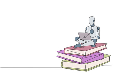 Poster - Single one line drawing robotic artificial intelligence sitting on stack of giant books typing laptop. Summarize scientific studies. Future technology. Continuous line design graphic illustration