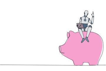 Poster - Continuous one line drawing robotic artificial intelligence sitting on big piggy bank holding laptop raise one hand. Robots make investments. Future concept. Single line design vector illustration