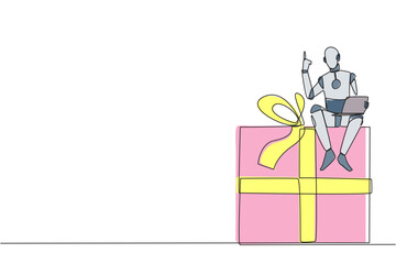 Poster - Single one line drawing robotic artificial intelligence sitting on giant gift box holding laptop raise one hand. Robots like humans. Likes to give gifts. Continuous line design graphic illustration