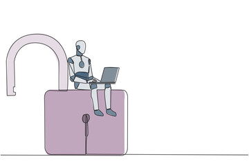 Aufkleber - Single continuous line drawing robotic artificial intelligence sitting on big open padlock typing laptop. Hacker robots hack multiple accounts for abuse. Criminal. One line design vector illustration