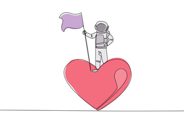 Poster - Single continuous line drawing young energetic astronaut standing on giant symbol heart. Astronauts do charity for fellow astronaut families. Cosmonaut deep space. One line design vector illustration