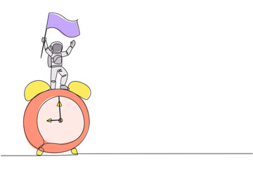 Poster - Continuous one line drawing young astronaut standing on giant alarm clock holding fluttering flag. Alarm clock went off as signal to prepare for returning home. Single line design vector illustration