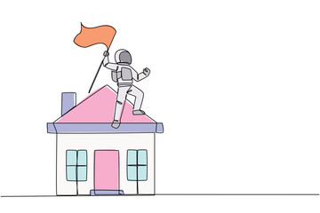 Poster - continuous one line drawing young energetic astronaut standing on miniature house holding fluttering