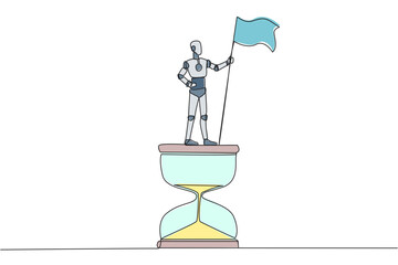 Poster - Single one line drawing of robotic artificial intelligence standing on giant hourglass holding fluttering flag. Future technology robot development concept. Continuous line design graphic illustration