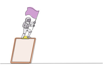 Poster - single one line drawing young energetic astronaut standing on giant clipboard holding fluttering fla