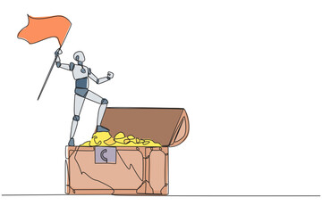 Poster - Single one line drawing robots standing on giant open treasure chest holding flag. Robot with artificial intelligence succeed to find golden coin. Future. Continuous line design graphic illustration