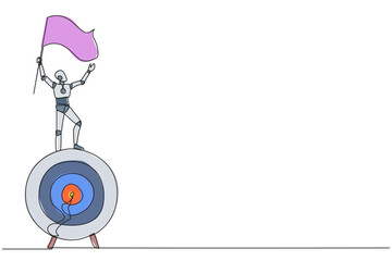 Poster - Single one line drawing of robotic artificial intelligence standing on giant arrow target board holding fluttering flag. Train the robot become entrepreneur. Continuous line graphic illustration