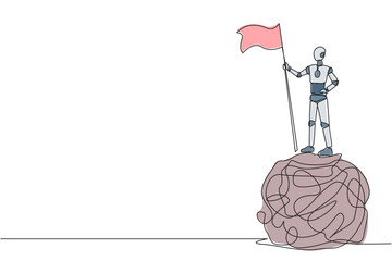 Poster - Continuous one line drawing of artificial intelligence robotic standing on giant tangled circle holding flag. Program the robot to have no feelings of anxiety. Single line design vector illustration