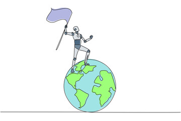 Poster - single continuous line drawing of robotic artificial intelligence standing on giant globe holding fl