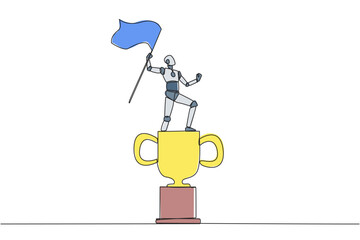 Poster - Single one line drawing of robotic artificial intelligence standing on big trophy holding fluttering flag. Future technology development. Machine learning. Continuous line design graphic illustration