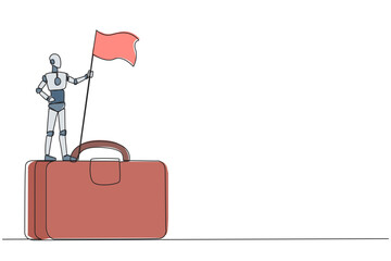 Poster - Continuous one line drawing of robotic artificial intelligence standing on giant briefcase holding fluttering flag. Future technology robot development. Single line draw design vector illustration
