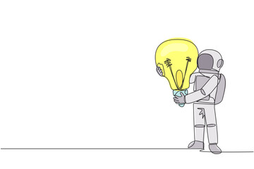 Poster - continuous one line drawing young energetic astronaut lift up lightbulb. gain enlightenment about th