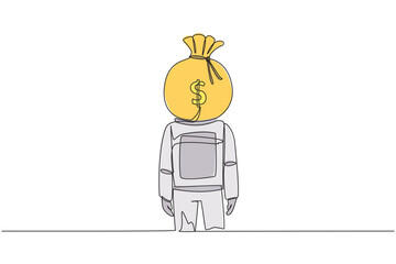 Poster - Single one line drawing young astronaut with money bag instead of head, stand facing forward. Thinking about the advantages of joining the space industry. Continuous line design graphic illustration