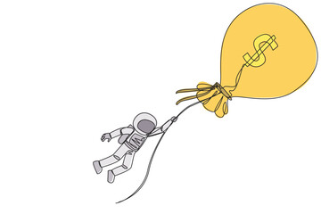 Poster - Single continuous line drawing astronaut holding on to a flying money bag. The metaphor of lots of money will make many wishes come true. Wealthy astronaut. Cosmic. One line design vector illustration