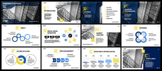 Wall Mural - Business presentation template, Pitch deck layout. Infographic template with statistics finance charts. Infographics dashboard design.