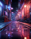 Fototapeta Londyn - Futuristic night city street with neon lights. 3d rendering