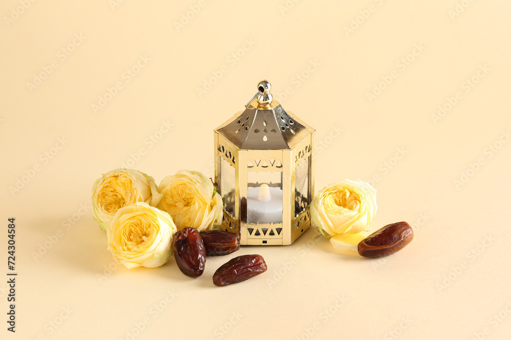 Muslim lamp with roses and dates on beige background. Ramadan celebration