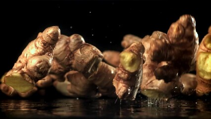 Wall Mural - Fresh ginger falls on the table. Filmed on a high-speed camera at 1000 fps. High quality FullHD footage