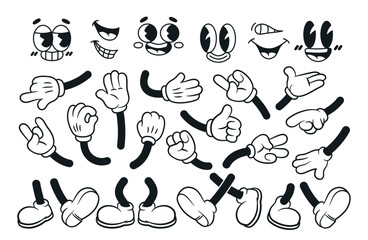 set of vintage mascot elements. line icons of arms, legs and facial expressions to create character 