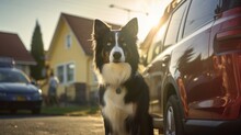 A Majestic Border Collie Standing On A Suburban Street Bathed In Sunset Glow.