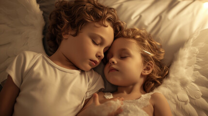 Wall Mural - A guardian angel watches over a sleeping child shielding them from nightmares and ensuring their safety throughout the night.