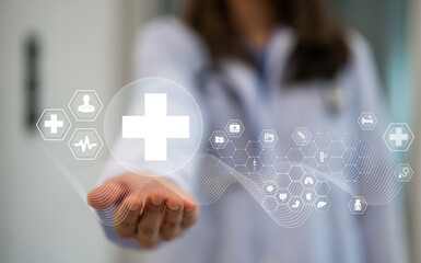 Wall Mural - Doctor hand holding white virtual hospital plus sign, healthcare, hospital, insurance, mental health care, medical, world mental health day, protective, doctor caregiver and check up patient concept