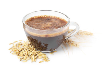 Cup of barley coffee, grains and spikes isolated on white