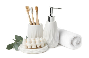 Wall Mural - Bath accessories. Set of different personal care products and eucalyptus leaves isolated on white