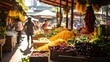 Market stall with fresh fruits and vegetables. Blurred people in background