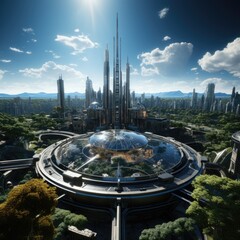 In a futuristic cityscape, towering skyscrapers surround a circular fusion reactor, symbolizing the clean and reliable energy production of the future. 