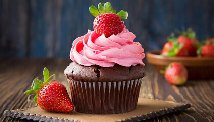 Wall Mural - Chocolate cupcake with strawberry cream