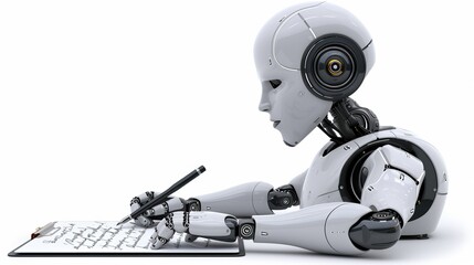 Poster - Futuristic ai robot writing essay, chat bot with pen assisting homework, replacing humans