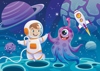 Wall Mural - adventure in outer space. adorable banner or poster with cute baby astronaut, smiling alien, rocket 