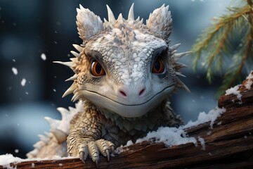 Cute baby dragon in snowy forest