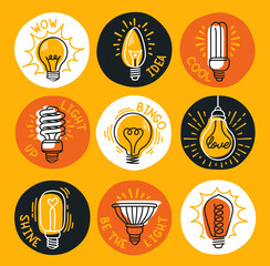 Fototapete - Set of hand drawn light bulbs. Doodle stickers or icons with different electric bulbs and phrases. Creative idea, brainstorming or inspiration. Cartoon flat vector illustrations isolated on background