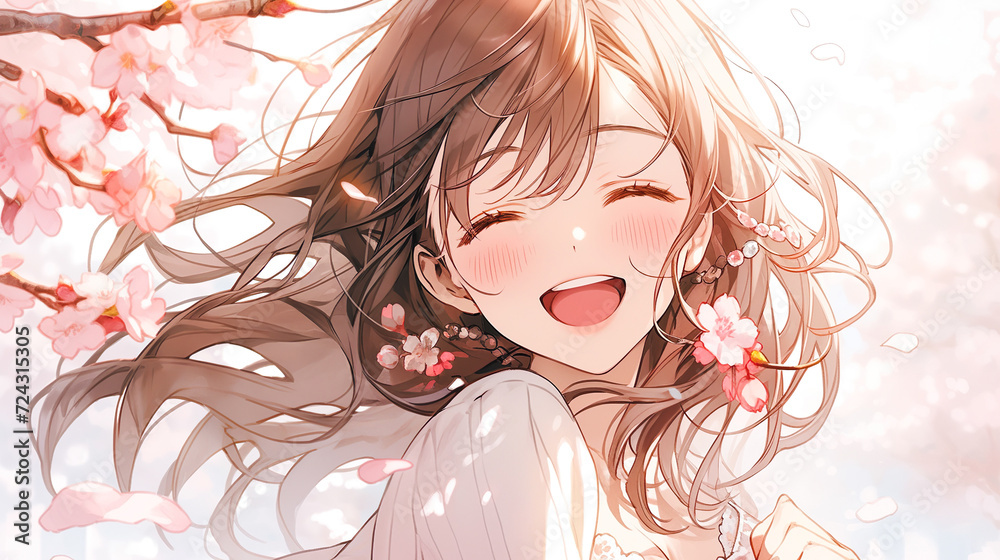 満開の桜とかわいい笑顔の女の子のイラスト 素材庫插圖 | Adobe Stock