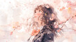 満開の桜を見上げる制服姿の女の子の水彩イラスト