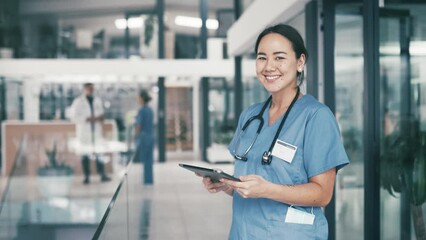 Wall Mural - Hospital, face and nurse with smile, tablet and professional career in health insurance service. Portrait of happy doctor, caregiver or medical worker with online chart in lobby of healthcare clinic.