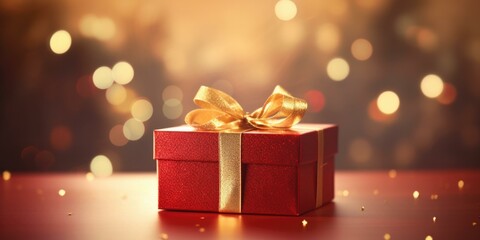 A red gift box with a golden bow on a table. Generative AI.