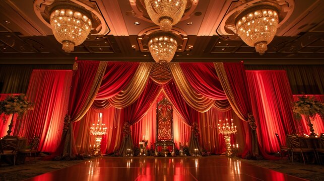 Luxurious Indian Wedding Venue Decor with Red Drapes and Crystal Chandeliers